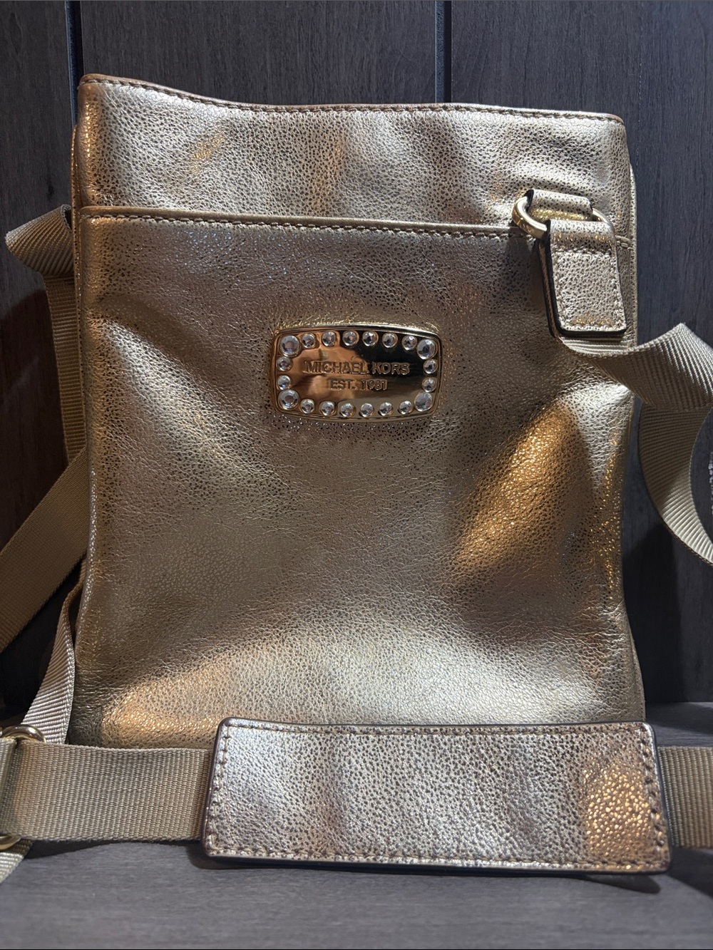 MICHAEL Michael Kors Gold Metallic Crossbody with Logo Plaque #18